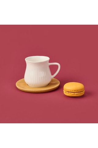 Mien Bambu Tabaklı Çizgili Fincan Seti - Açık Kahverengi / Beyaz - 100 Ml Açık Kahverengi / Beyaz