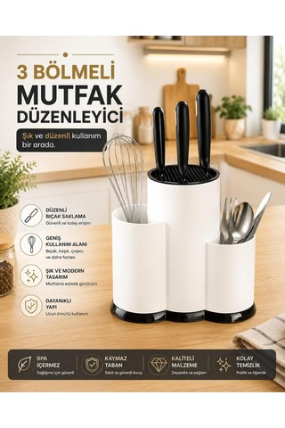 Tezgah Üstü Bölmeli Bıçaklık - Kaşık Kepçe Bıçak Standı Mutfak Düzenleyici Organizer Kaşıklık Beyaz Çok Renkli
