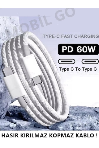 İphone Samsung Xiaomi Huawei Type-c To Type-c 60w 1m Halat Örgü Hızlı Şarj Ve Data Kablosu 100 Cm