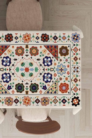 Krem Etnik Desenli Dokuma Leke Tutmaz Masa Örtüsü Mso357n11