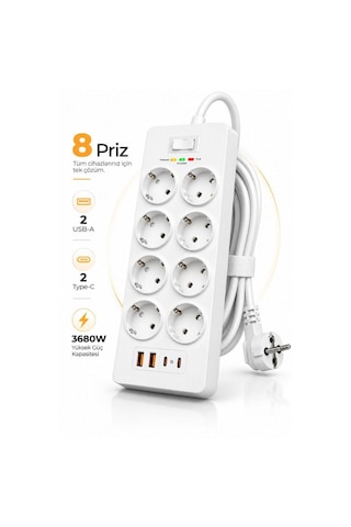 8 Prizli Çoklu Priz 3680w 2 Usb-a + 2 Type-c Akım Korumalı Güç Dağıtıcı 0 - 2 M