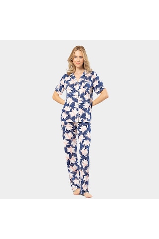 Türen Yaprak Desenli Kısa Kollu Gömlek Yaka Pijama Takımı 3355/lacivert 001