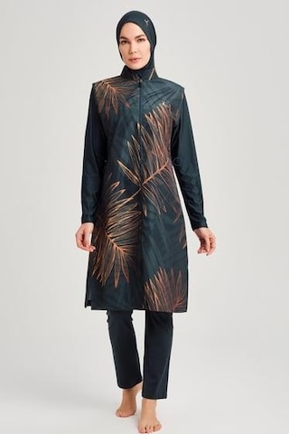 Haşema 3049 Yeşil Gold Yaprak Detaylı Jileli 5 Parça Tesettür Mayo Takımı Çok Renkli