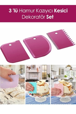 Rotanev 3 Parça Plastik Pasta Hamur Krema Şekillendirici Kesici Kazıyıcı Dekoratör Spatula Set Çok Renkli