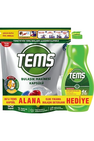 Tems Bulaşık Makinesi Kapsülü 36&apos Lı+elde Yıkama Bulaşık Deterjanı 500 Ml Hediyeli