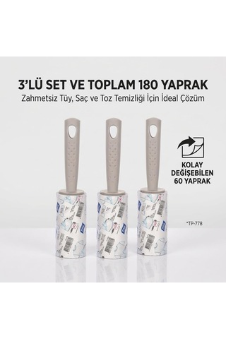 3'lü Set Tüy Toplayıcı Rulo Toplam 180 Yaprak 3x60 Kıyafet, Koltuk, Evcil Hayvan Kedi/köpek Tüyü Ve Saç Temizleme Rulosu