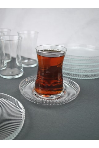 18 Parça Cam Çay Seti Takımı - Pasta Tabağı - Çay Bardağı Ve Çay