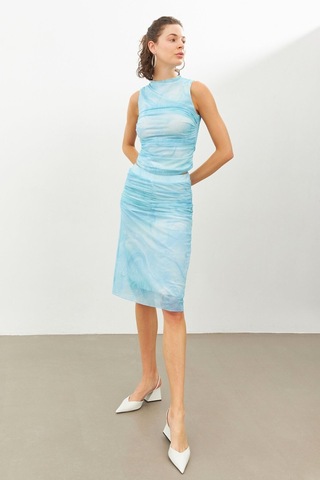 Stella Pulvis Mavi Büzgü Detaylı Beli Lastikli Midi Etek Mavi