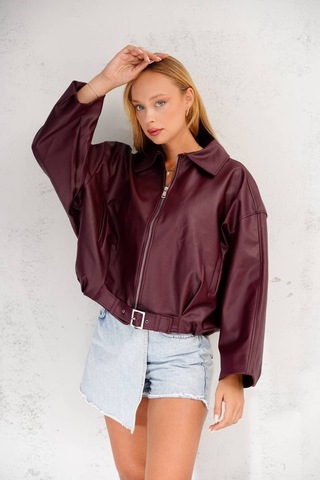 Jesse Story Kadın Deri Ceket Relax Fit Suni Deri Ceket Bordo Bordo