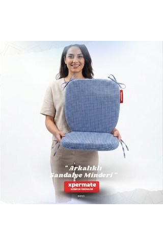 Pötikare Sırtlıklı Sandalye Minderi 42x42 Fermuarlı Yıkanabilir Kılıf Bağcıklı Minder Standart Fit Mavi