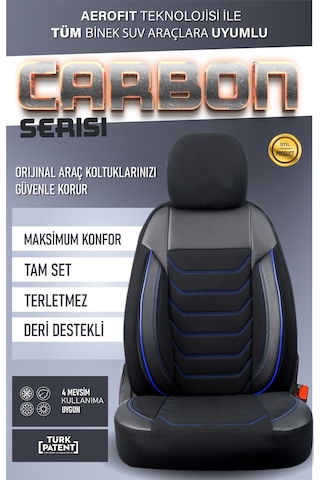 Tofaş Kartal L Uyumlu Lüx Deri Detaylı Oto Koltuk Kılıfı Ön Arka Takım Carbon Siyah Mavi