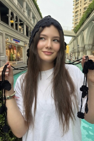 Mollycrush Örgü Yazlık Bere Siyah Çiçek Motifli Hair Band Yazlık Şık Model Siyah