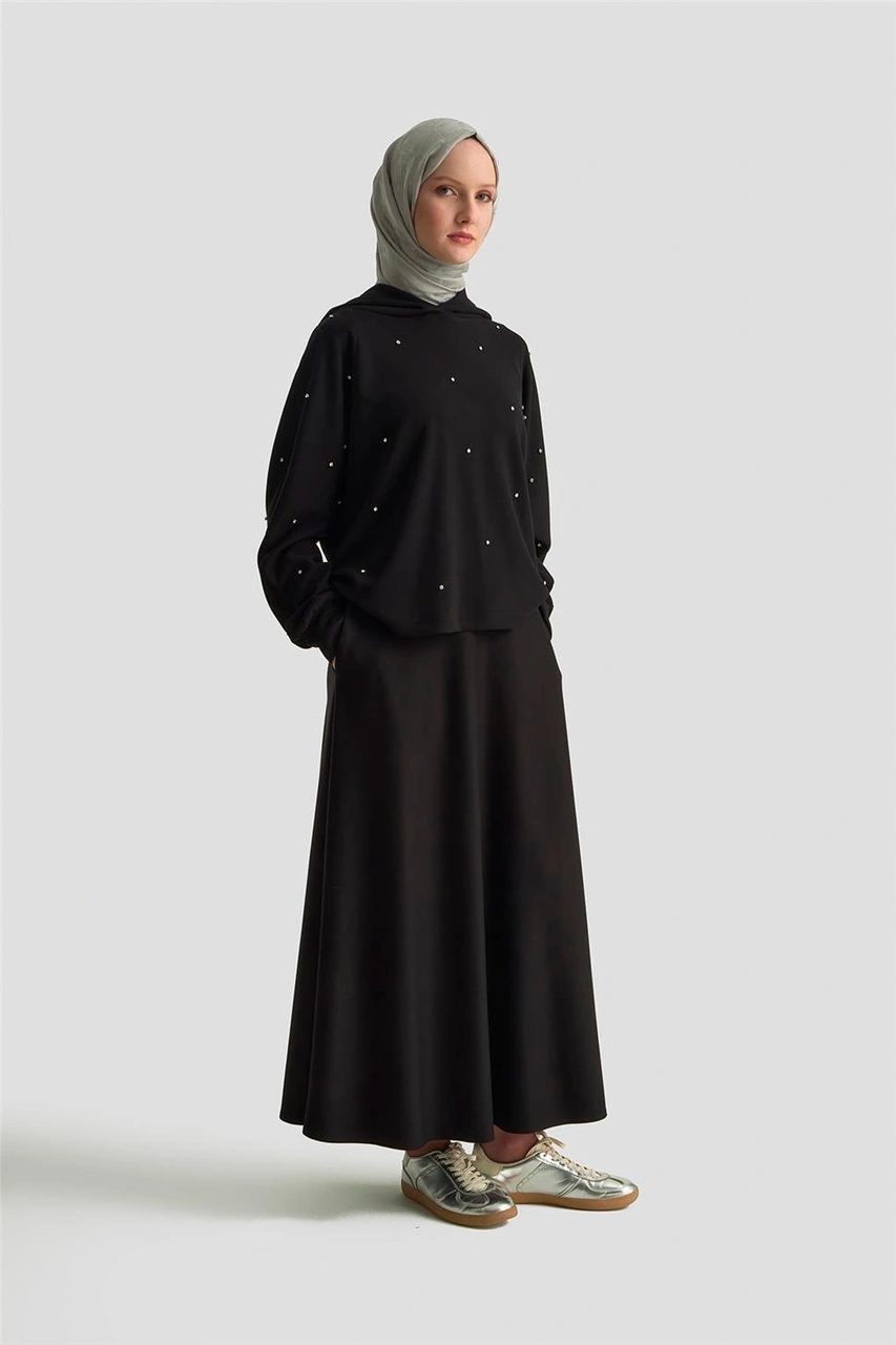 Armine Taşlı Kapüşonlu Sweat 25kd4031 Siyah Siyah