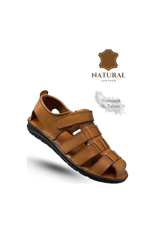 Sermoda %100 Hakiki Deri Burnu Kapalı Erkek Sandalet Taba