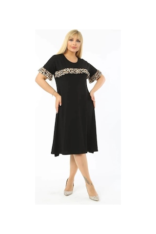 Mia Butik Büyük Beden Siyah Fırfır Detaylı Elbise Siyah