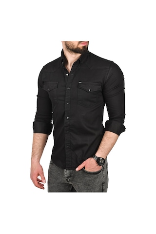 Deepsea Erkek Siyah Slim Fit Pamuklu Cepli Kot Gömlek Çıtçıtlı Uzun Kollu Spor Gömlek 2502503 Siyah