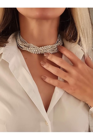 Gümüş Kaplama Taşlı Çoklu Görünümlü Choker Tasma Kolye Silver
