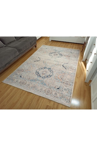 Eskitme Madalyon Desenli Krem Ve Mavi Vintage Salon Halısı - 11643ou Krem - Mavi