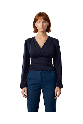 Ersefa Stil Kadın Animal Baskı Yeşili Büzgü Drape Detaylı Kollu Esnek Bl Lacivert