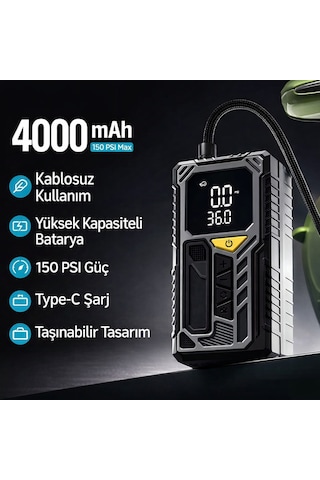 Taşınabilir Kablosuz Hava Kompresörü 150 Psı Lastik Şişirme Pompası 4000 Mah Powerbank Led Işıklı Dijital Ekran Siyah