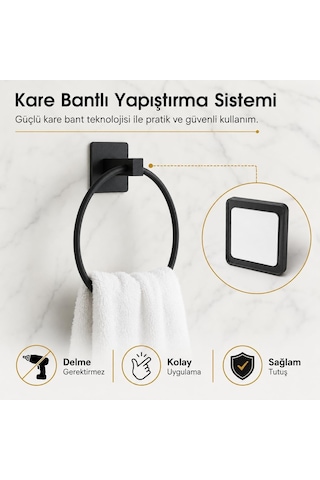 Lexroo Siyah Kare Yuvarlak Havluluk, Yapışkanlı Ve Vidalı Montajlı Duvara Monte Halka Havlu Askısı