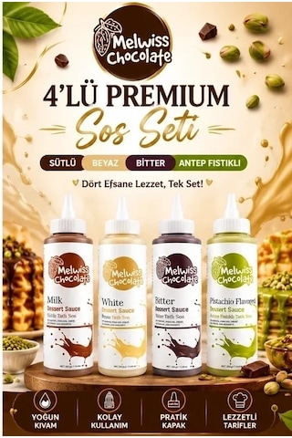 Melwiss Chocolate 4 Lü Premium Tatlı Sos Seti Sütlü Beyaz Bitter Antep Fıstıklı 330 Gr X 4