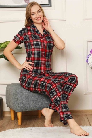 Dreamy Ekoseli Pamuklu Biyeli Kısa Kollu Gömlek Pijama Takımı Siyah Bordo Siyah - Bordo