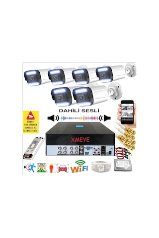 6 Kameralı Set - Yapay Zeka Özellikli Gece Renkli Sesli FullHD 5Mp Lensli 12 Warm Ledli Güvenlik Kamerası Seti 312WS-9008