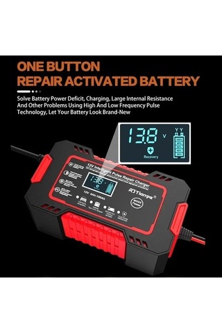 Novahub 12v 6a Araç Akü Şarj Cihazı, Dokunmatik Ekran, Darbe Onarım, Lcd, Hızlı Şarj, Red Eu Plug, Polonya