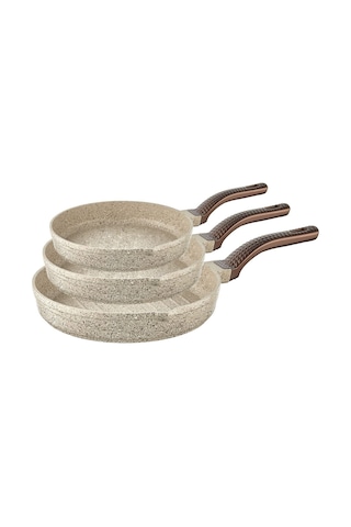 Wave - 3738 - 3 Parça Biogranit, Döküm, Grill Özellikli, Ergonomik Saplı, Tava Seti Kum Beji