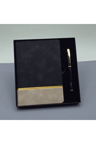 Periboia Siyah Gold Detaylı Termo Deri Defter Ve Metal Roller Kal Çok Renkli