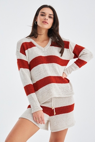 Peraluna Sıena Blouse & Shorts Çizgili Uzun Kollu Kadın Triko Şor Krem