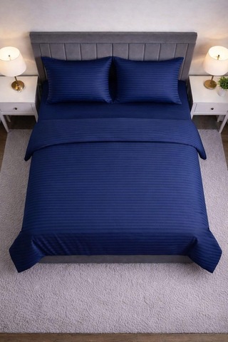 Wova Home Midnight Stripe Çift Kişilik Nevresim Takımı%90 Pamuk 83 Tel Saten Çizgili Lastikli Çarşaflı Lacivert Çok Renkli