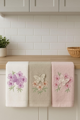 3'lü Lüks %100 Pamuklu Mutfak Havlusu Seti 3d Kelebek Aplikeli 30x50 Cm Çok Renkli