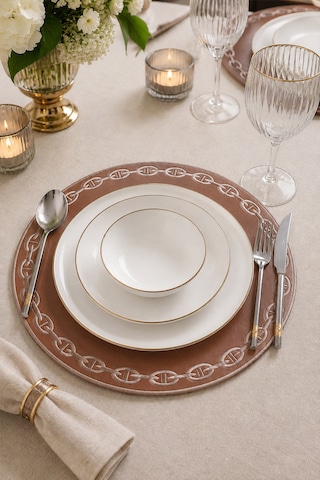 Nakışlı Deri Amerikan Servis 2'li Set Çift Taraflı Yuvarlak Supla 38x38 Cm Raya Kahve Gold