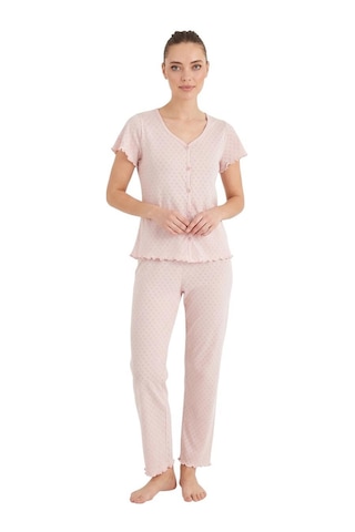 Seamlife Kadın %100 Pamuk Kalp Desenli Önü Düğmeli Kısa Kollu Pijama Takımı Pudra