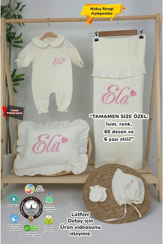 Gros Shop Müslin Yeni Doğan 4katlı Organik %100pamuk Kişiye Özgü Nakışlı Hastane Çıkış Seti Kalpli Model-4 Ekru