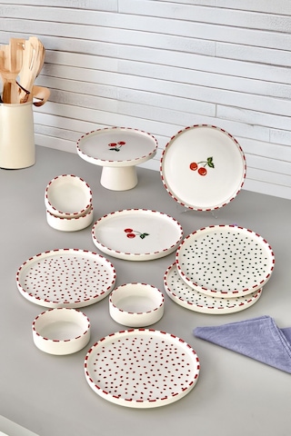 Kitchen Life 11 Parça - 6 Kişilik Cherry Stackable - Kahvaltı Takımı  Kirazlı Kahvaltılık Sunum Tabağı Kırmızı