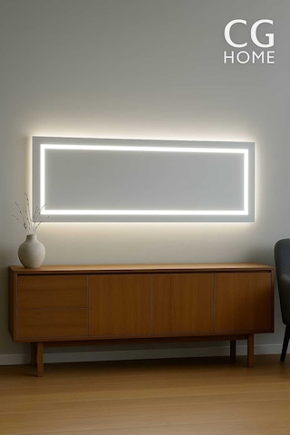 Biga Ledli Ayna, Dekoratif Ayna, Led Ayna, Salon Aynası, Konsol Aynası 144x36 Cm 140 Beyaz