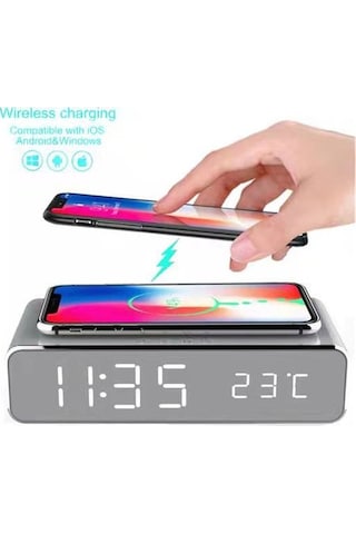 Pazly Zaman Göstergeli Termometre Çalar Saat, Kablosuz Şarj, Led Ekran, Masaüstü Şarj Cihazı