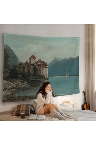 Gustave Courbet - Cenevre Gölü'ndeki Chillon Kalesi Duvar Örtüsü-7094