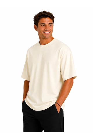 Vasto Moda Erkek Oversize Kalın Dokulu %100 Organik Pamuk Bisiklet Ribana Yakalı Ekru T-shirt