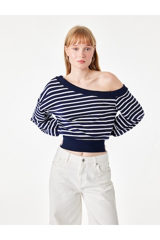 Koton Rahat Kalıp Kayık Yaka Uzun Kollu Çizgili Crop Sweatshirt Lacivert Çizgili 7wal10259ık