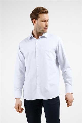 İmza Beyaz-mavi Çizgili Desen Sert Yaka Uzun Kol Cepli Comfort Fit Pamuklu Gömlek 1004255275 Beyaz - K.mavi