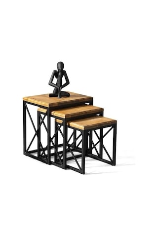 Deko 3'lü Zigon Sehpa Metal Ayaklı Doğal Ladin Ağacı