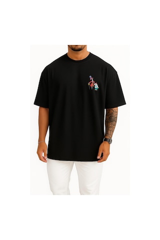 Bahriyeli Collection Oversize Tinker Bell Captain Hook Peter Pan Smee Poster Cep Ve Sırt Tasarımlı Unisex T-shirt SIYAH