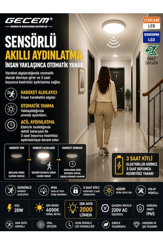 Gecem 20w Sensörlü Led Armatür 4000k Doğal Beyaz Ip65 Acil Aydınlatma Özellikli Ilık Beyaz