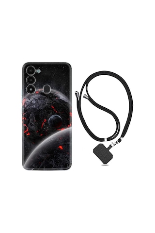 Tecno Spark 8c Kılıf Ipli Boyun Askılı Desenli Silikon Kara Dünya 1902