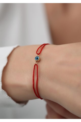 14 Ayar Altın Mavi Gözlü Kırmızı Ipli Bileklik Sarı Sarı Altın