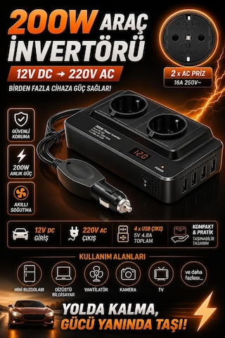 200w 12v Dc - 220v Ac Araç İçi İnvertör Priz Usb Girişli Dijital Göstergeli